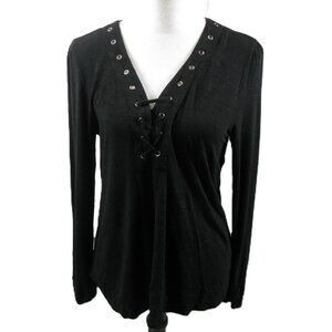 Cupio Black Cris Cross Front Long Sleeve Knit Top Size Medium